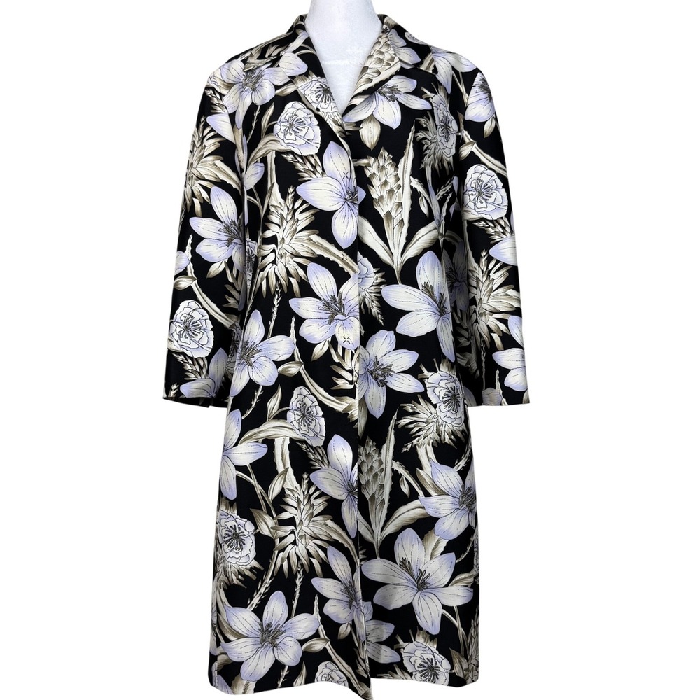 Dana Buchman Silk Long Jacket Womens 10 Black Floral Lightweight Coat Luxury